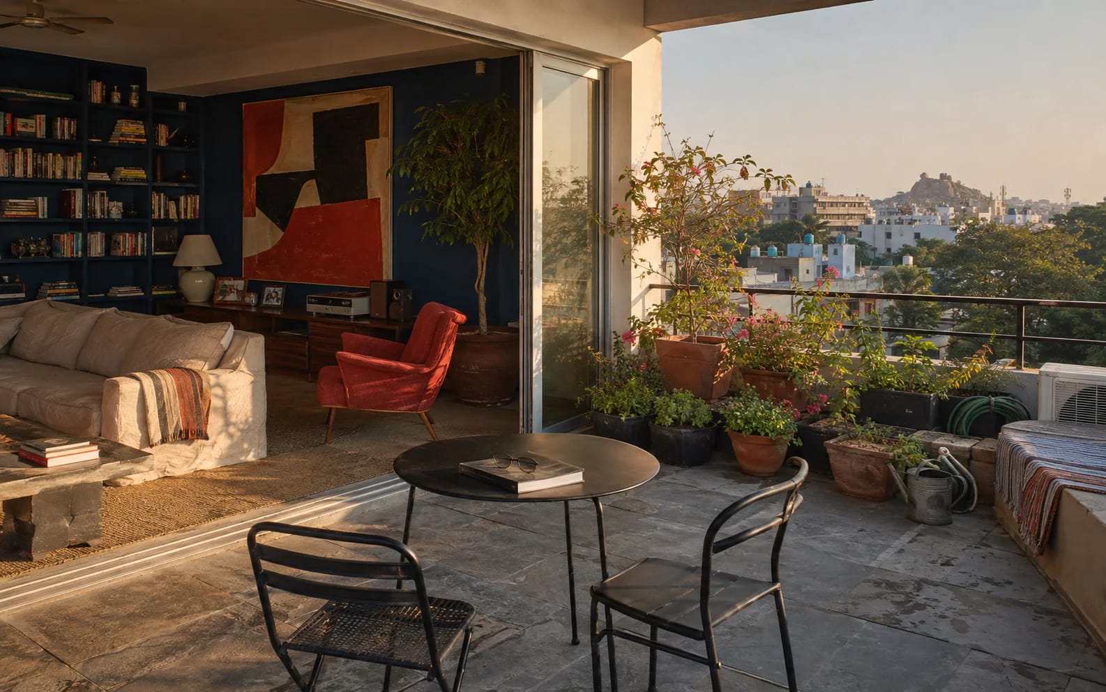 A characterful Hyderabad terrace apartment overlooking its neighborhood at sunset