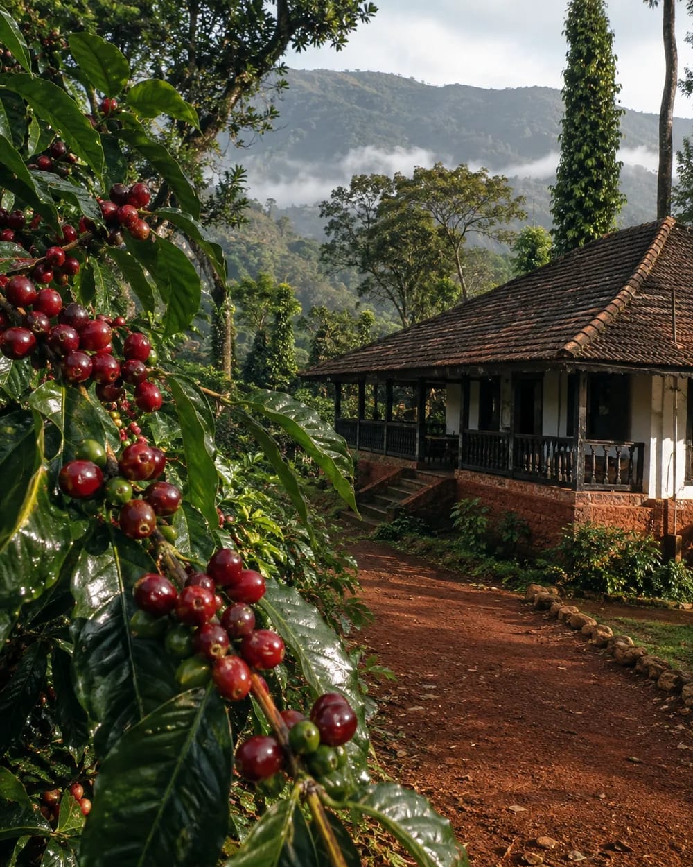 Ripe coffee cherries beside a tiled estate bungalow in Coorg