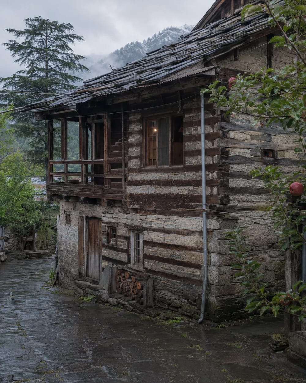 A weathered timber-and-stone house on a wet village lane near Manali