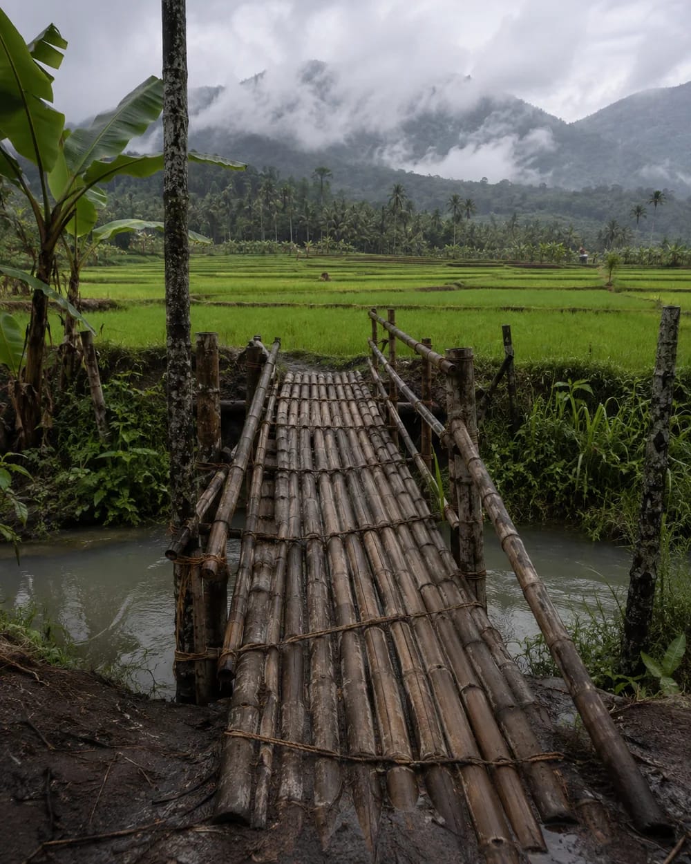 A bamboo footbridge leading into monsoon rice paddies in Wayanad