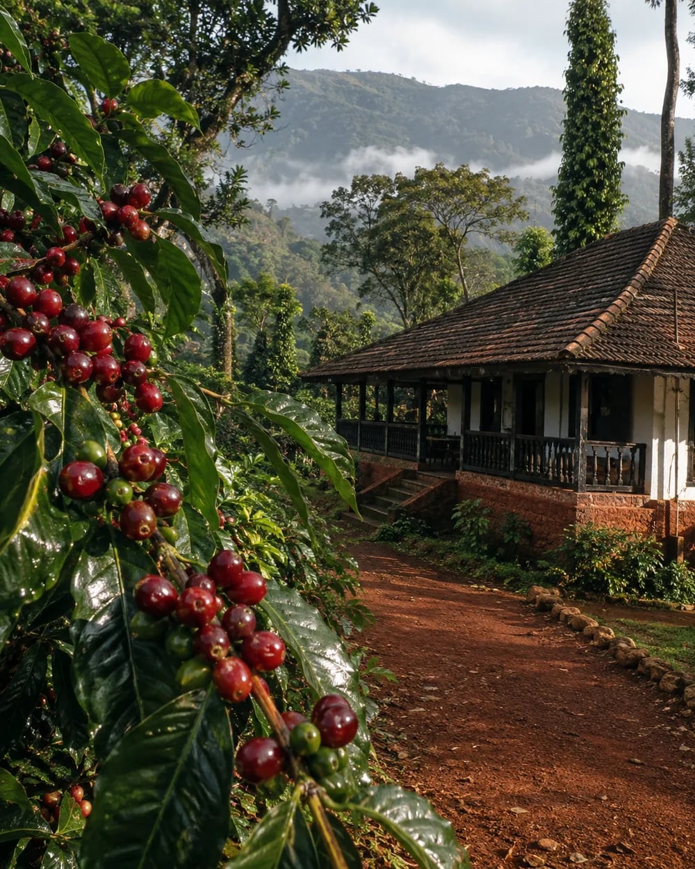 Ripe coffee cherries beside a tiled estate bungalow in Coorg