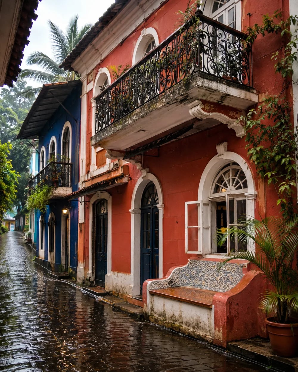 A rain-wet Fontainhas lane lined with colorful Portuguese-era houses in Goa
