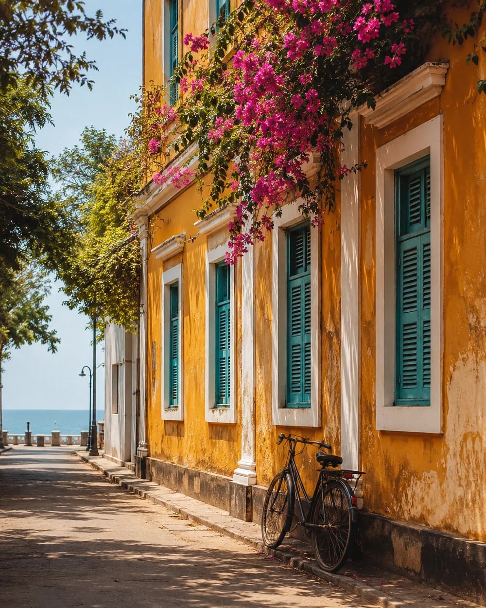 An ochre French Quarter facade with turquoise shutters in Pondicherry