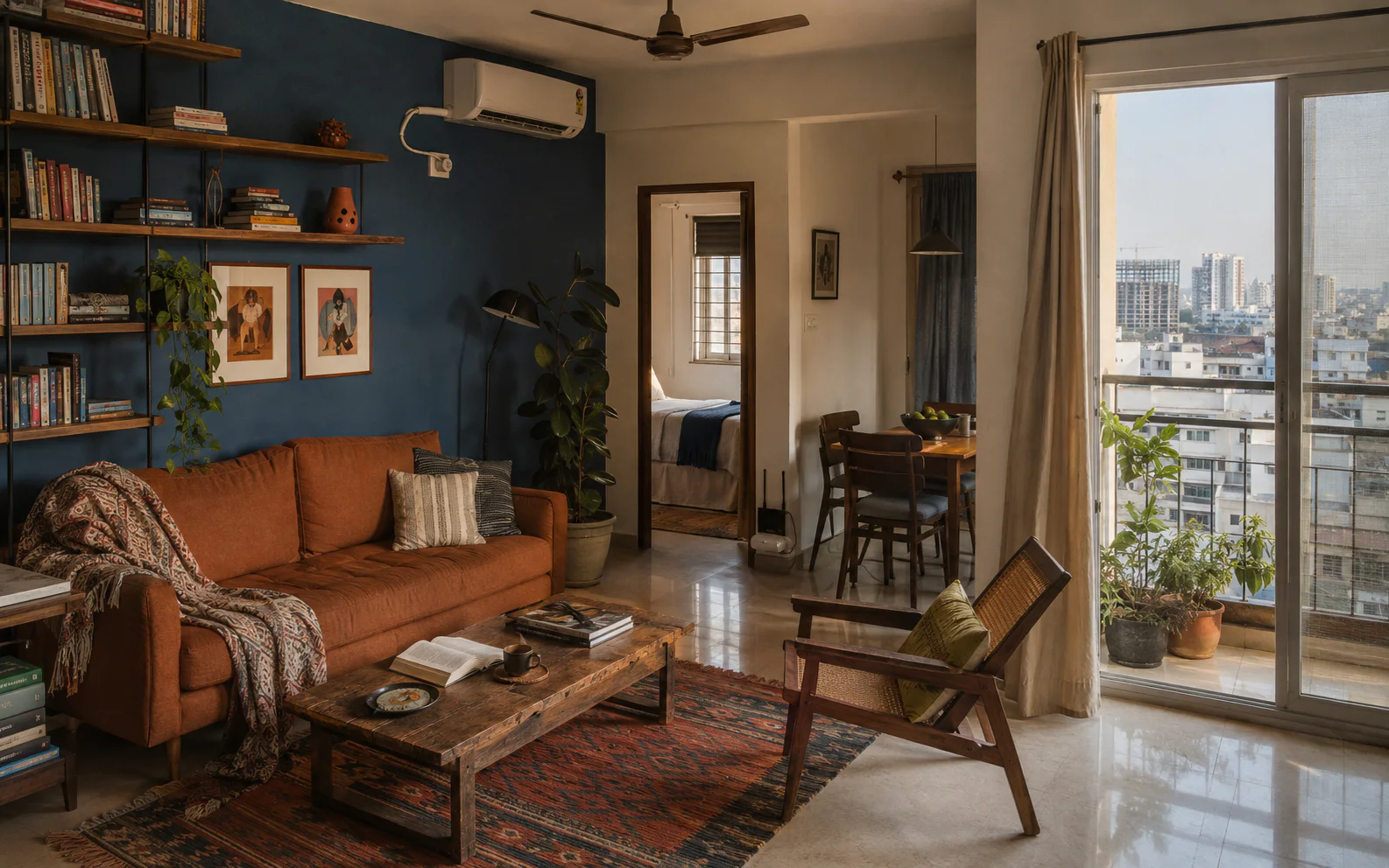 A characterful Hyderabad apartment with an indigo library wall, warm textiles, and a city view